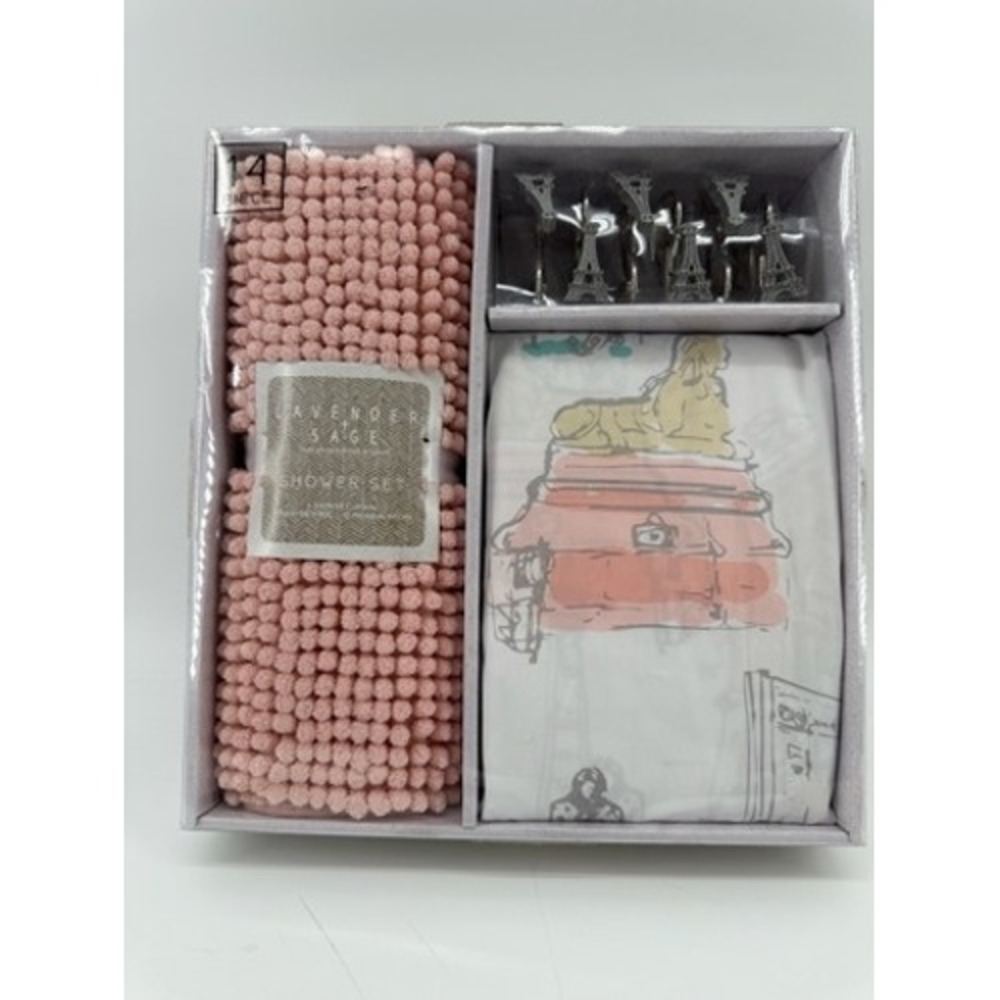 Lavender and Sage‎ Paris Eiffel Tower Shower Curtain Rug Hook Set 14 Piece